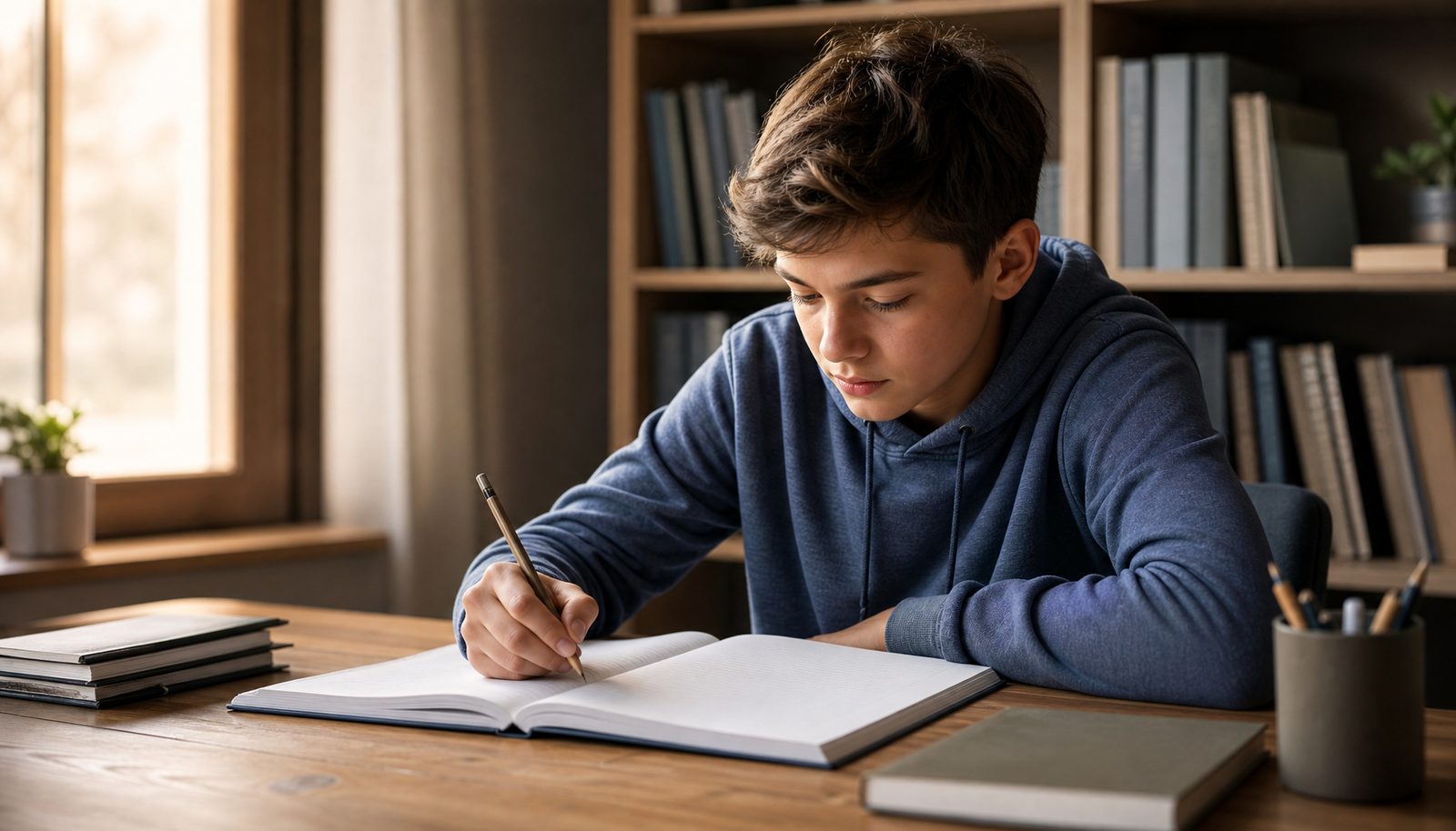Kind lernt konzentriert am Schreibtisch mit Heften und Büchern